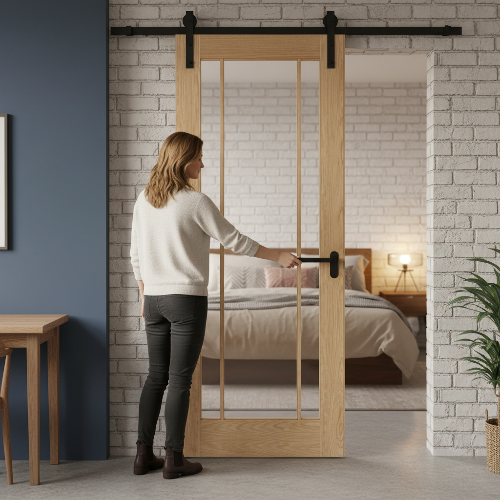 Premium Clear Glazed Face Mounted Sliding Door Set for Wooden Doors Up to 100kg - Matt Black or Stainless Steel Finish