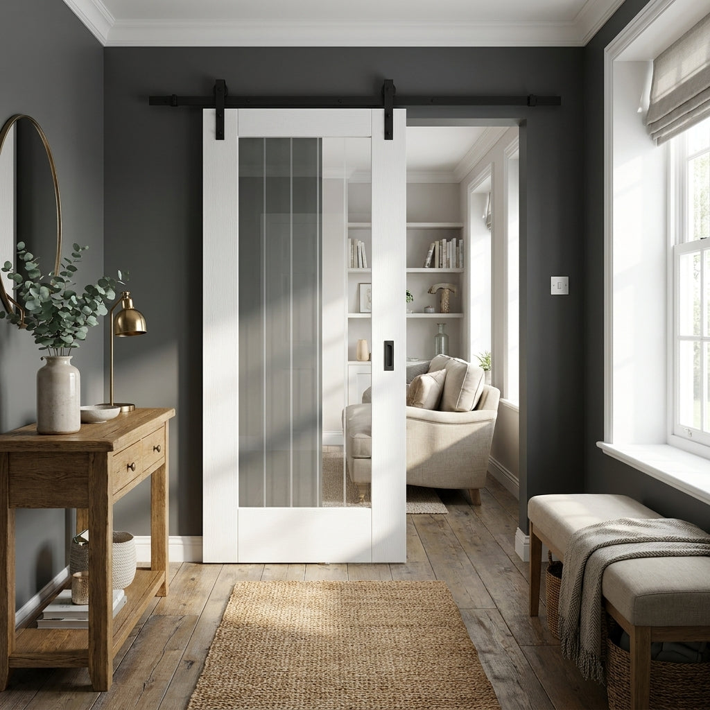 Internal Sliding Door White Primed Cottage 1 Light Clear Glass Obscured Lines