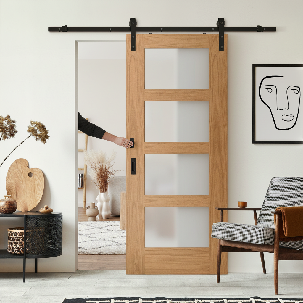 Premium Internal Unfinished Shaker Sliding Door Set with 4 Light Obscure Glass Panes and Steel Black Track