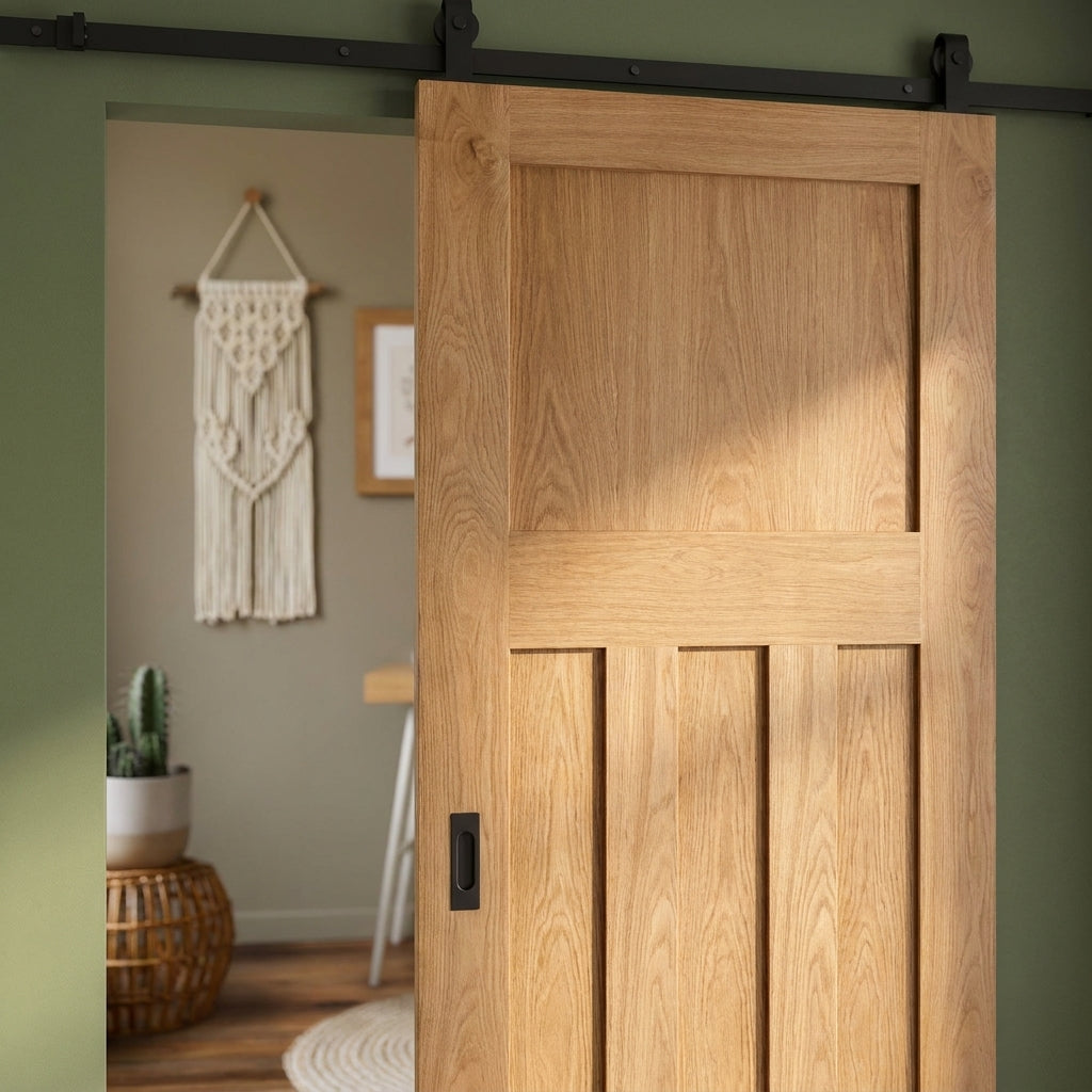 Unfinished Oak Internal Sliding Door 1930's 4 Panel Black Top Mounted - detail view