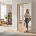 Premium Internal Oak Fully Finished Door with Clear Glass Pane and Aluminium Inlays for Modern Interiors