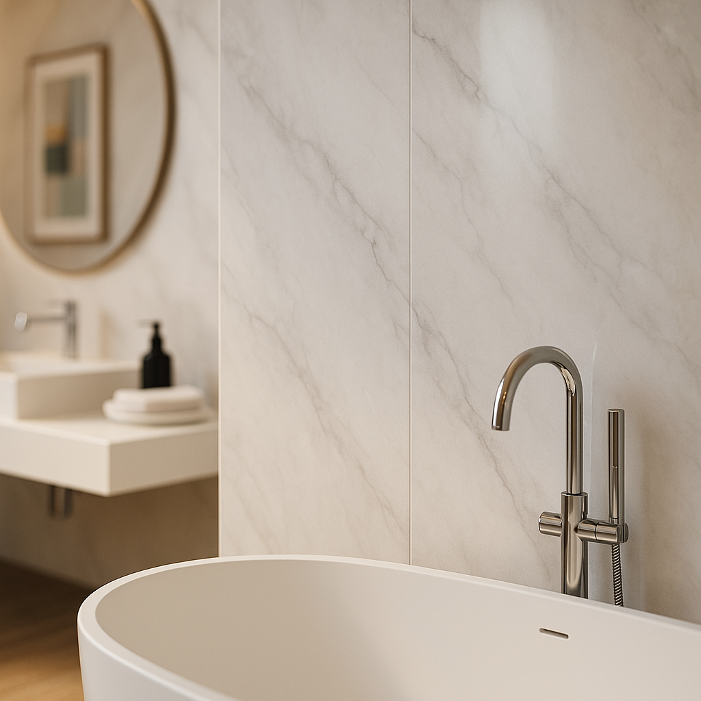 Light Grey Marble PVC Wall Panelling, High Gloss Finish, 2400x1000mm - detail view