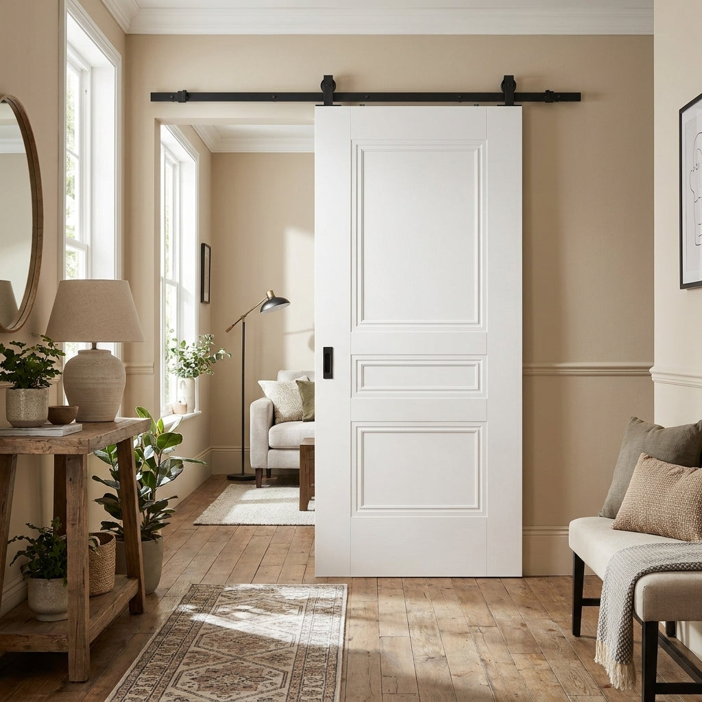 Internal Sliding Door - White Primed Elegance Henley with Black Top Mount
