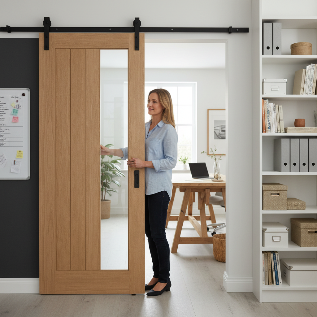 Premium Unfinished Oak Internal Sliding Door with Clear Offset Glass Panel - Modern Design and Custom Finishing Options - Image 2