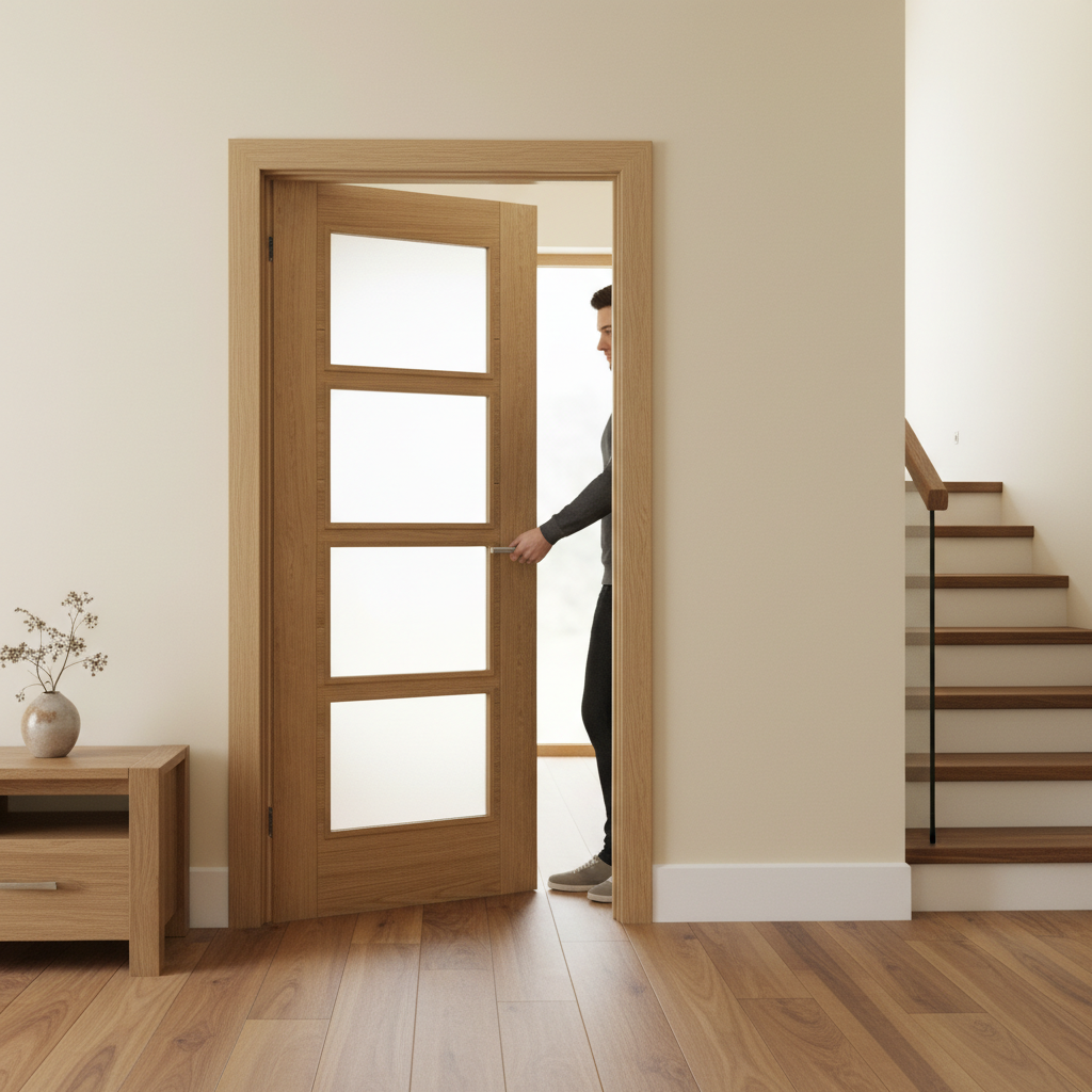 Premium Contemporary Oak Internal Door with Clear Glazing and V Grooves for Modern Interiors