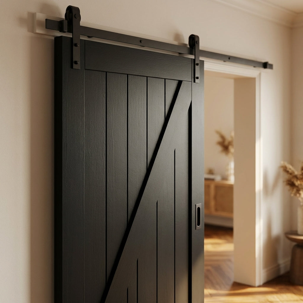 Internal Black Barn Door, 1 Panel, Primed Finish, Softwood Core - detail view