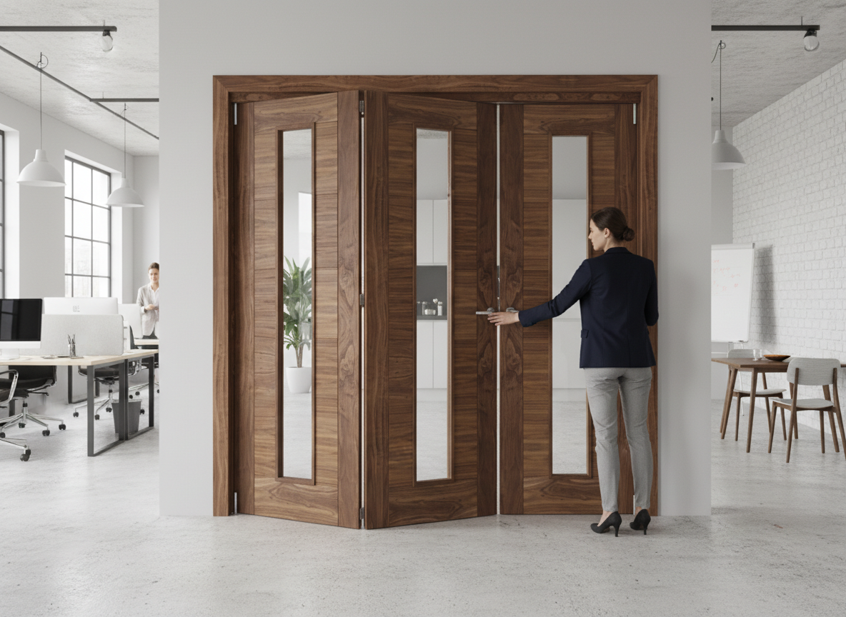 Premium Smart Fold Fully Finished Walnut Room Divider System with Adjustable Height and High-Quality Track for Easy Gliding