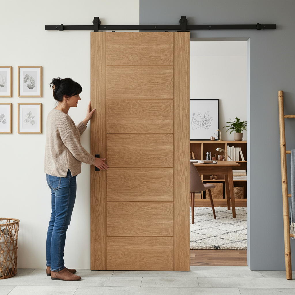 Premium Oak Internal Fully Finished Sliding Door with Black Top Mounted Kit – Sleek Contemporary Design for Modern Interiors - Image 2