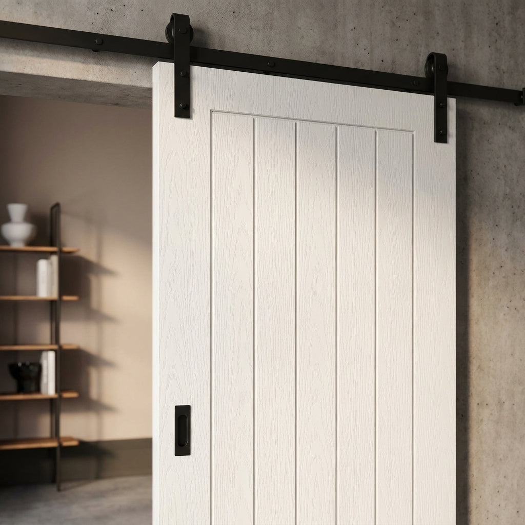 Internal Sliding Door, White Moulded, Hollow Core, Primed Finish, Black Face Mounted - detail view