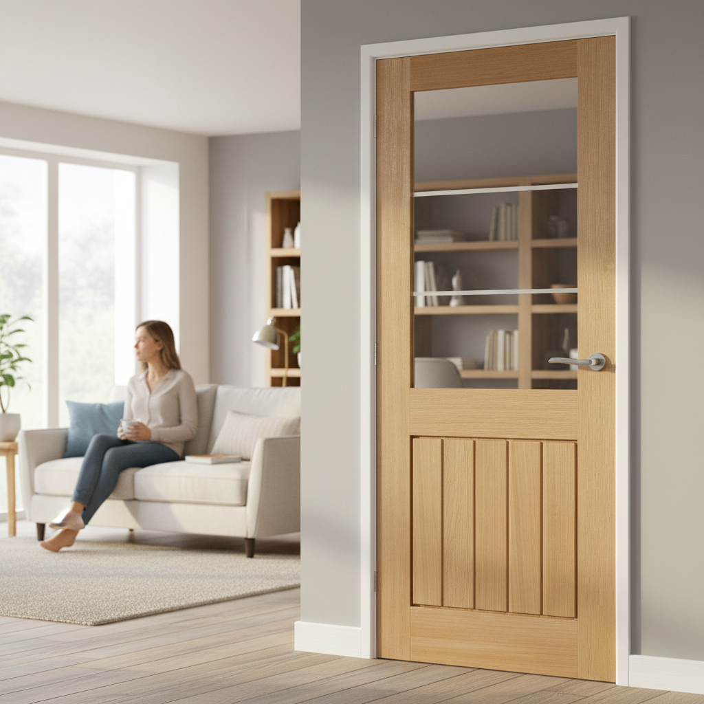 Premium Oak 1 Light Internal Door with Frosted Glass Lines - Unfinished, Engineered Construction, Safety Glass, and Real Oak Trimming