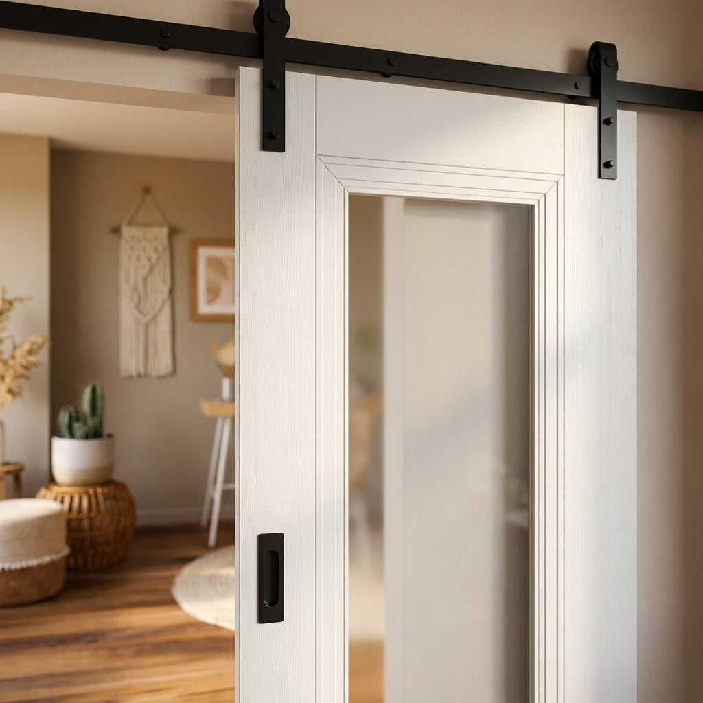 White Primed Internal Sliding Door with 4mm Clear Glass, Solid Core - detail view