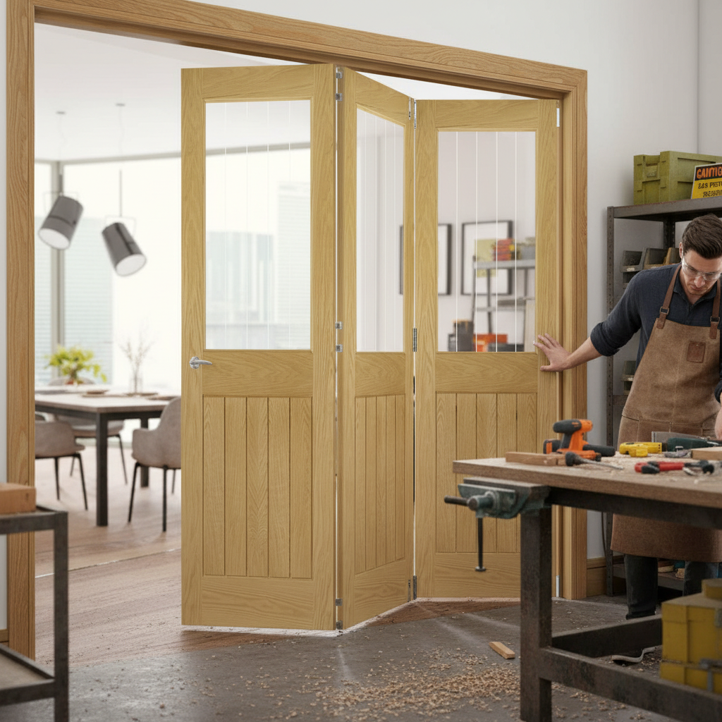 Premium Clear Glazed Bi-Folding Room Divider - Top Hung System with Multiple Configurations and Seamless Floor Finish