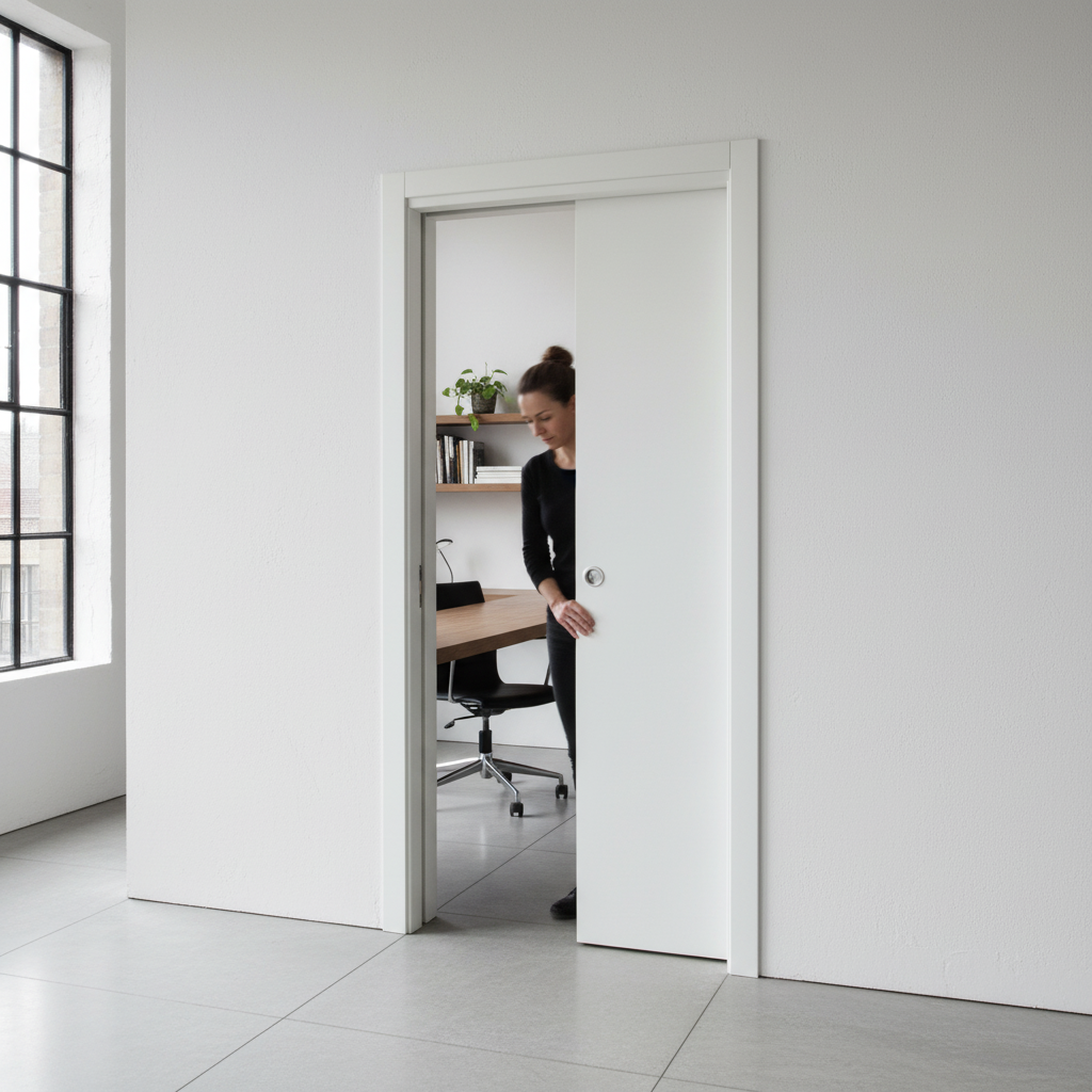 Premium White Single Pocket Door System with Galvanized Steel Construction and Adjustable Design for Enhanced Aesthetics