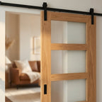Oak Internal Sliding Door Unfinished 4 Light Clear Glass - Black Face Mounted - detail view
