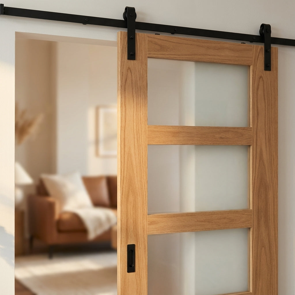 Oak Internal Sliding Door Unfinished 4 Light Clear Glass - Black Face Mounted - detail view
