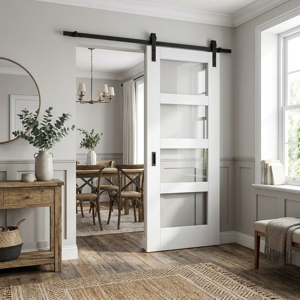 Internal White Primed Shaker Sliding Door with 4 Light Clear Glass