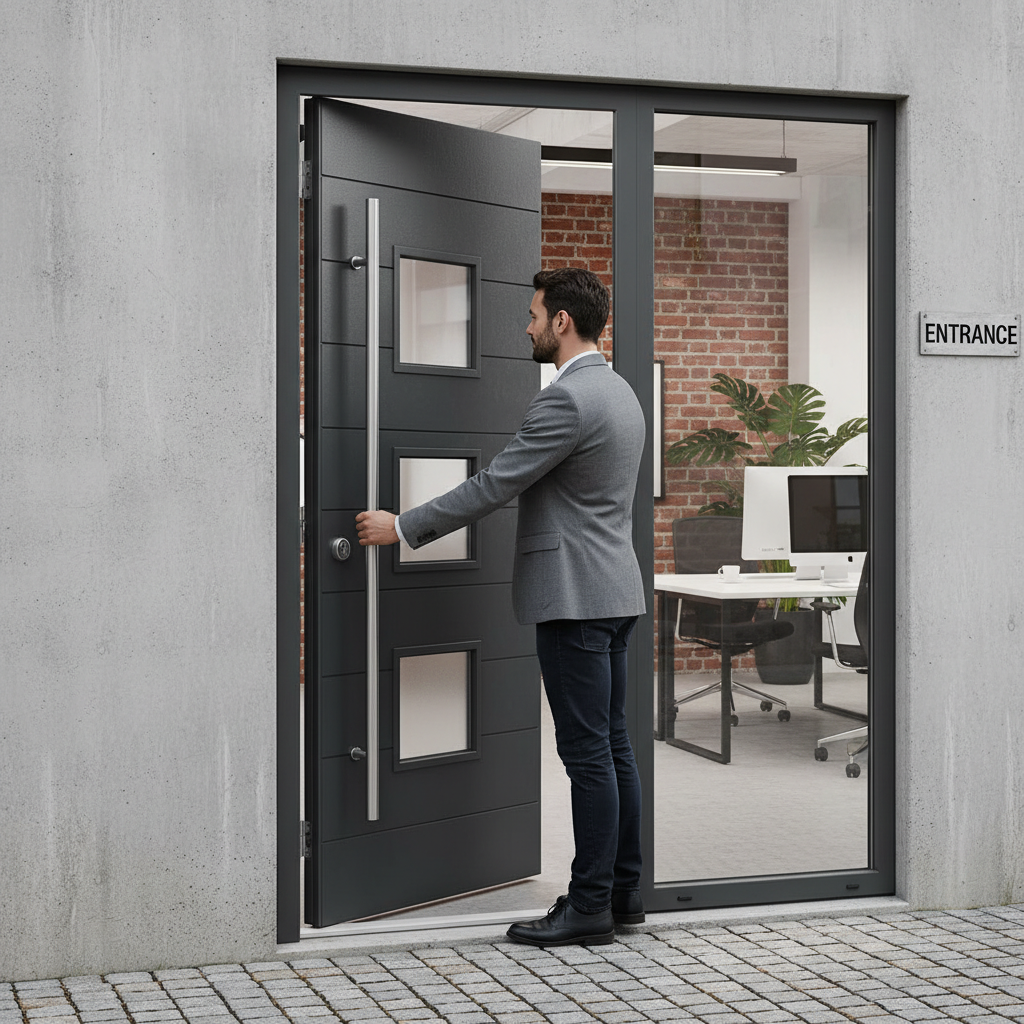 Premium Grey Glazed Hardwood External Door with Modern Pull Handle and Innovative Core Technology