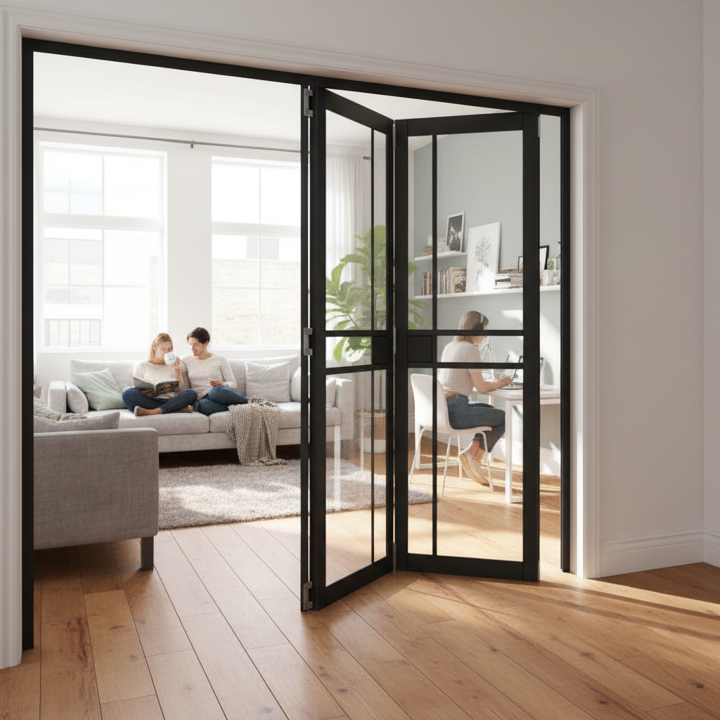 Professional Clear Glazed Industrial Style Room Divider with Bi-Folding Doors and Adjustable Height Mechanism