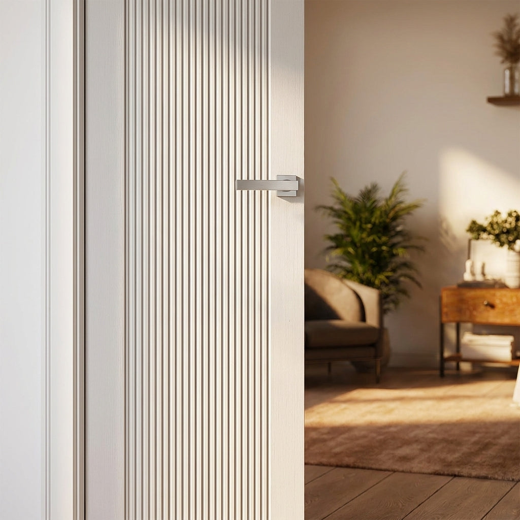 Internal White Door with 10 Panelled Design, Primed Finish and Fluted Pattern - detail view