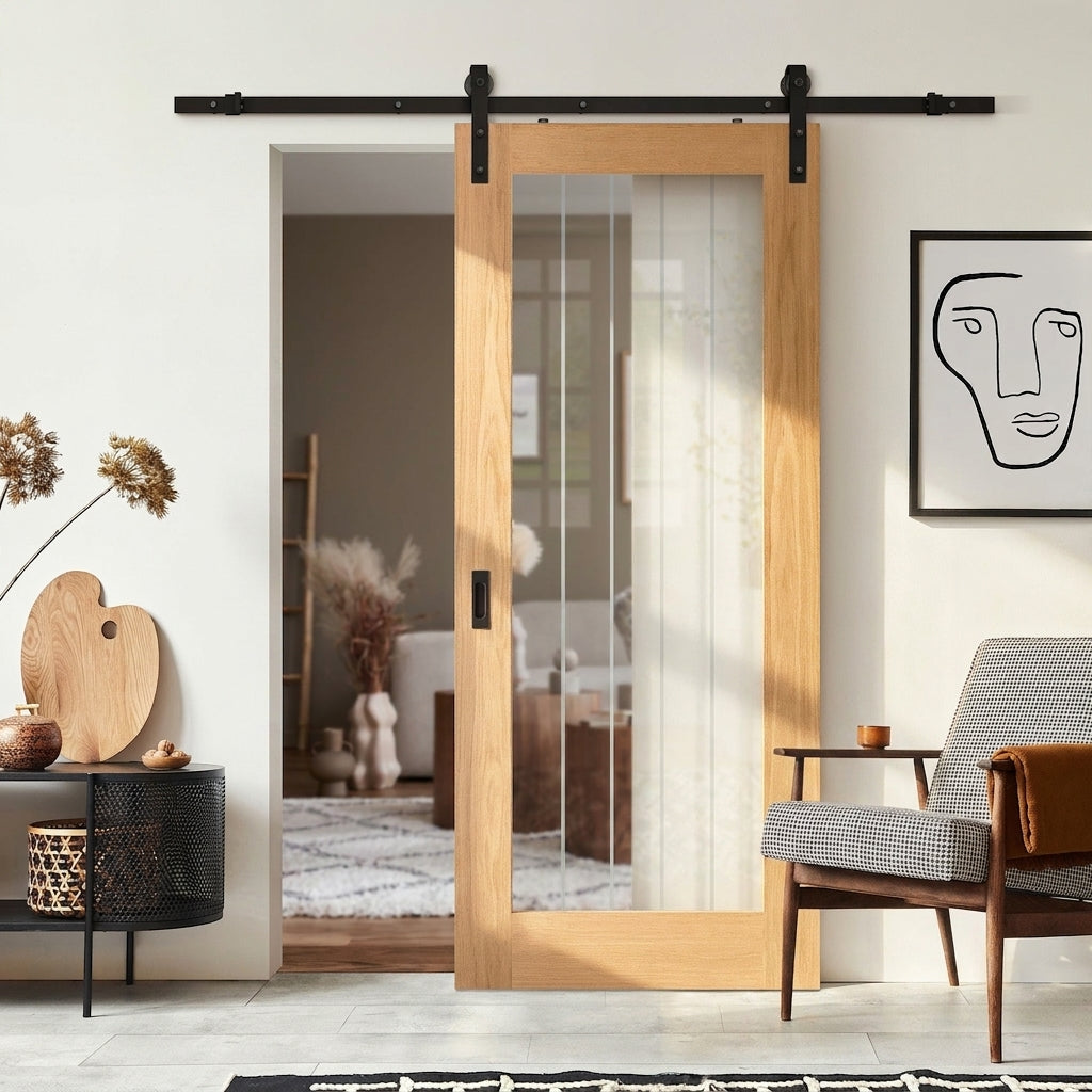 Internal Oak Sliding Door Fully Finished 1 Light Obscure Clear Glass - detail view