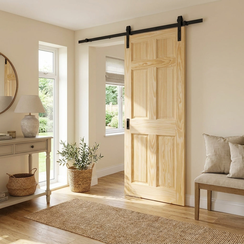 Internal Sliding Door Clear Pine Unfinished 6 Panel Design - Black Top Mounted