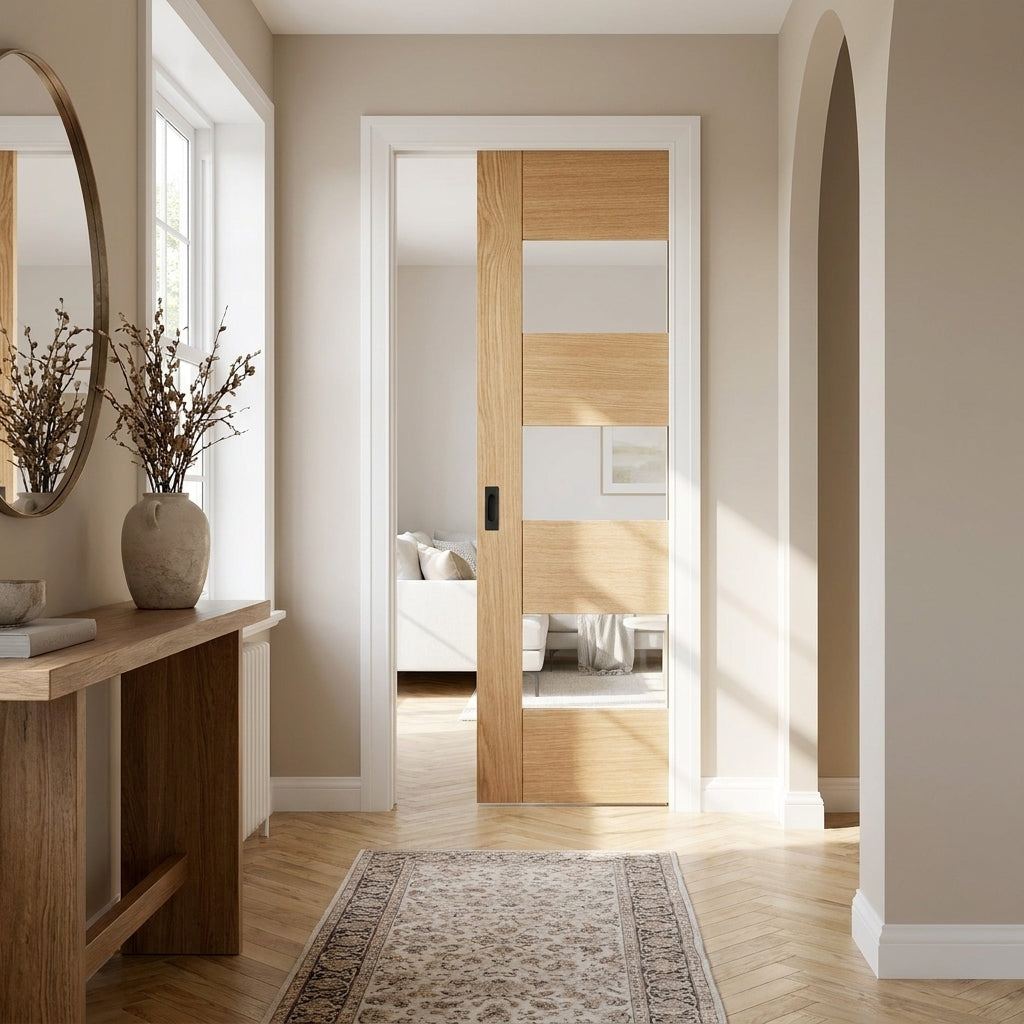 Oak Internal Pocket Door Set Fully Finished 7 Panel 3 Light Glazed 100mm