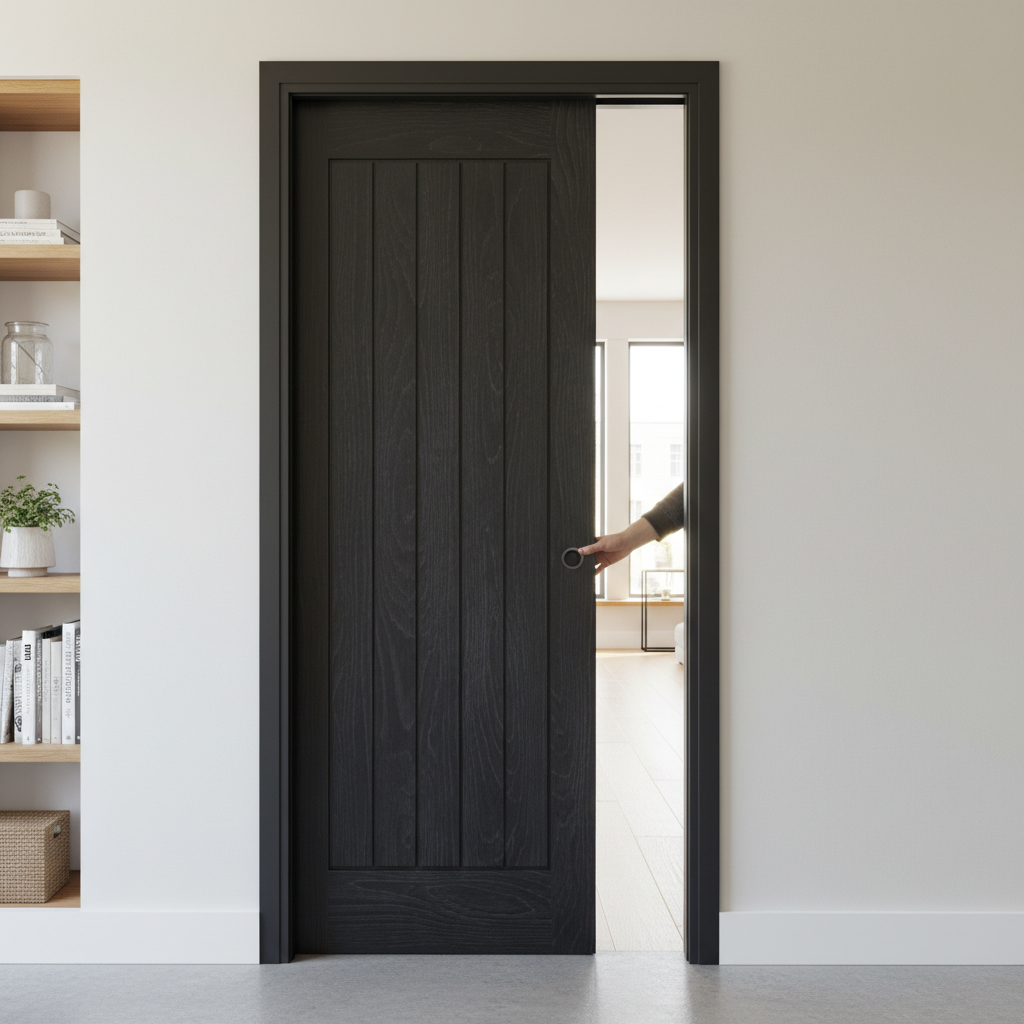 Premium Brushed Black Oak Pocket Door Set with Adjustable Frame and 35mm Thickness for Seamless Interior Design