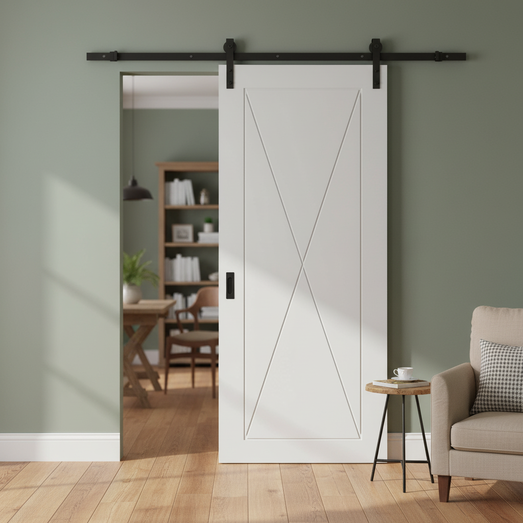 Premium White Primed Internal Sliding Door with Clear Glass Panels and Black Steel Track for Modern Spaces