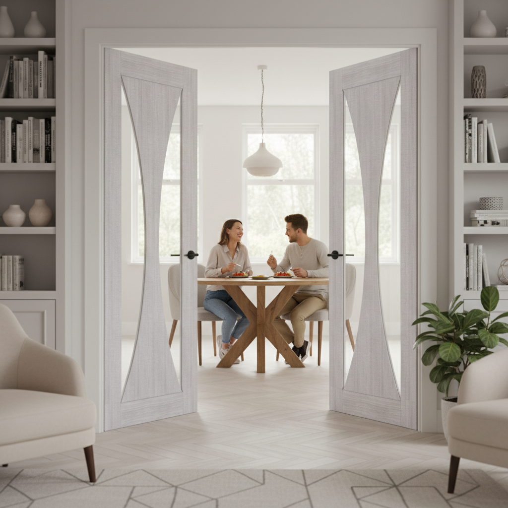 Premium Clear Glazed Grey Door Pair with Toughened Glass and Solid Core for Modern Interiors