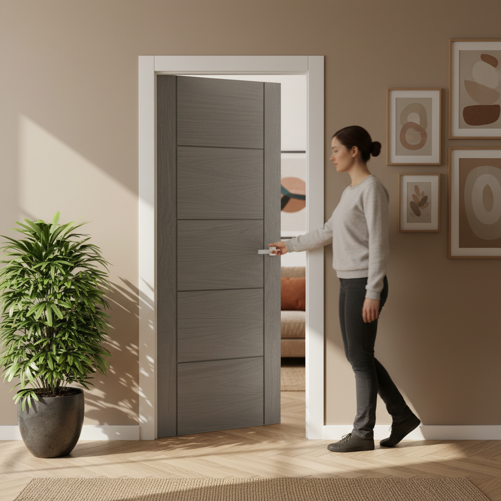 Premium Ash Grey Internal Fully Finished 5 Panel Door with Solid Core and Customisable Fit