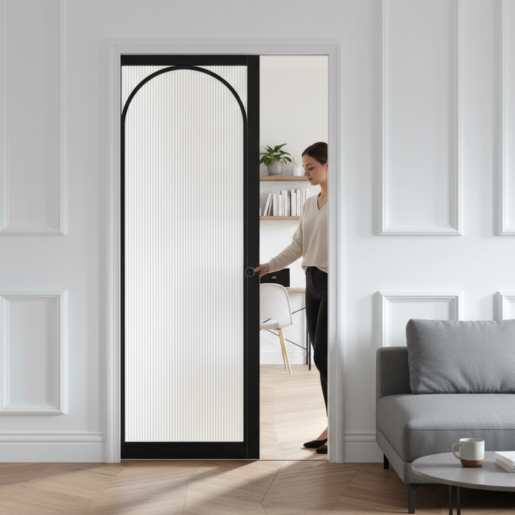 Premium Reeded Glazed Pocket Door Set with Galvanised Steel Frame and Customisable Jamb Options for Modern Interiors