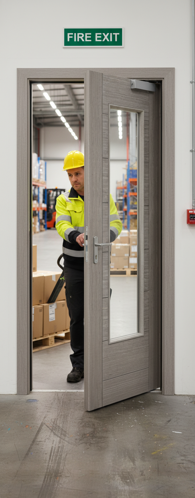Premium Light Grey Glazed Fire Door with Attractive V Groove and Clear Tempered Fire Glass - 30 Minutes Fire Rated