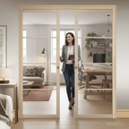 Premium Clear Glazed Double Pocket Door System with Adjustable Track and Strong Steel Frame for Modern Spaces