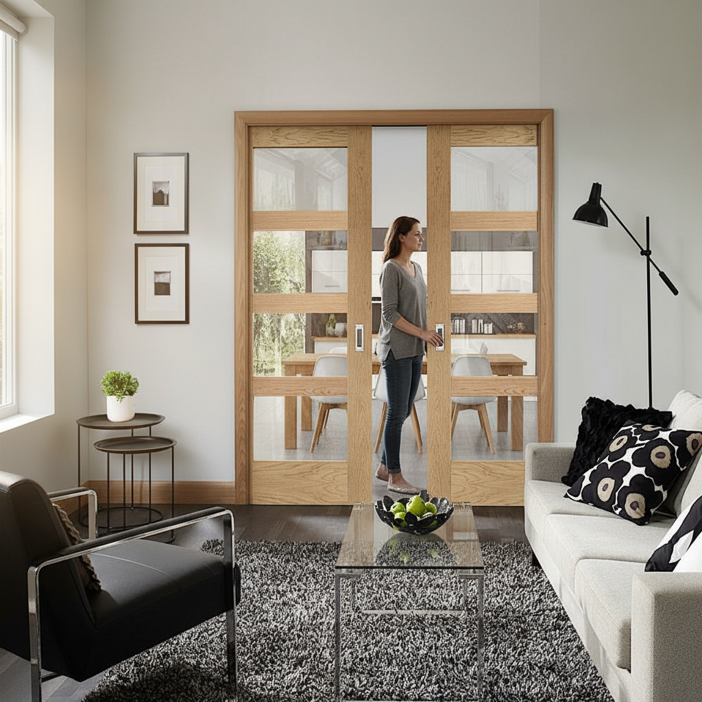 Premium Double Pocket Door System with Clear Glazed Oak Doors and Galvanised Steel Frame for Seamless Interior Design