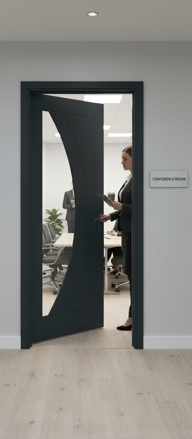 Premium Clear Glazed Fire Door with Curved Design and Deep U-Grooves for Enhanced Natural Light and Safety