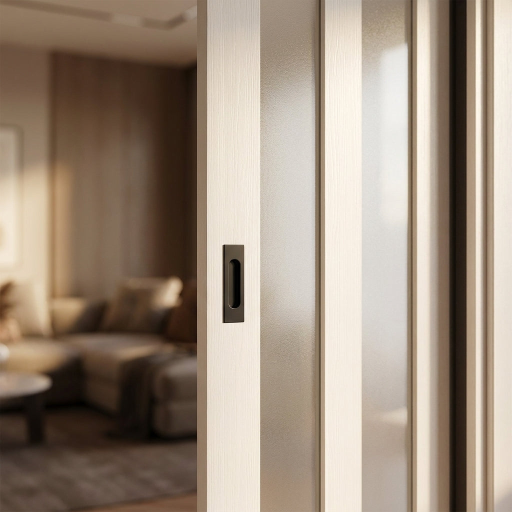 Internal Pocket Door Set with 3 Light Obscure Glass, White Primed Finish - detail view