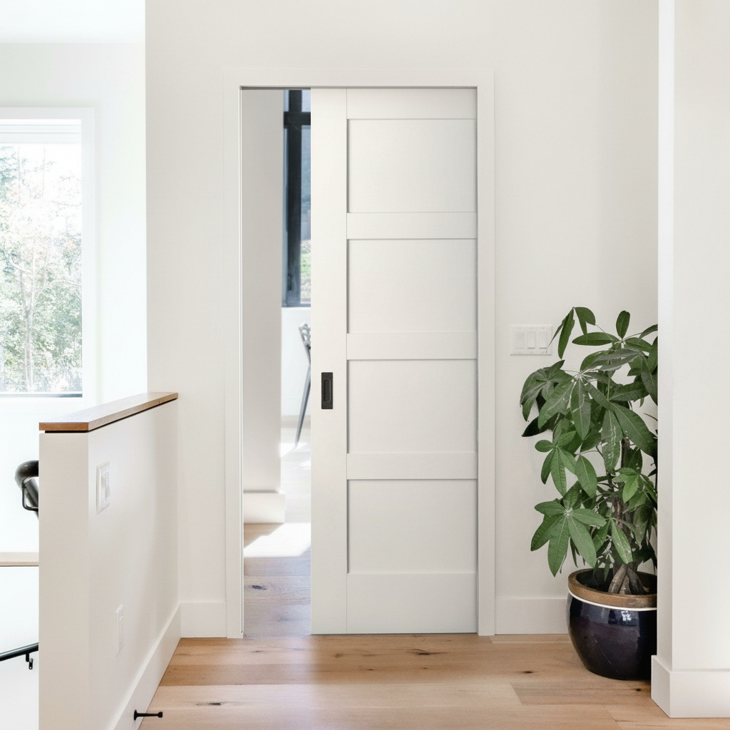Premium White Primed Internal Shaker 4 Panel Framed Pocket Door Set for Elegant Home Interiors