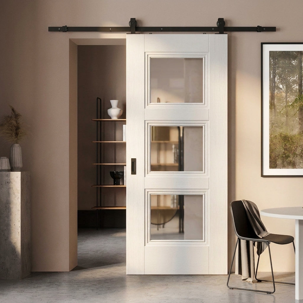 Internal White Primed Sliding Door with 3 Light Clear Glass Glazing - detail view