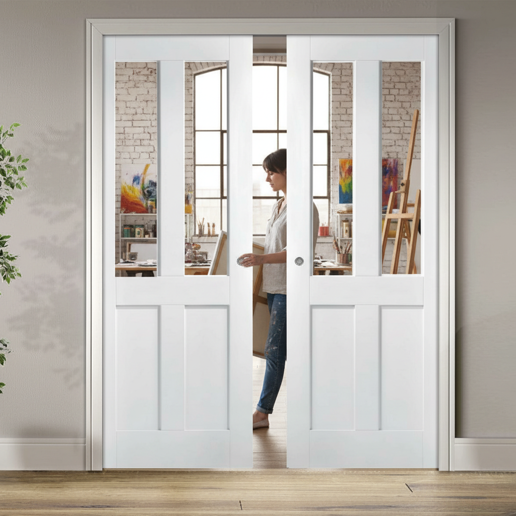 Premium Glazed Double Pocket Door Set with Galvanised Steel Frame and Adjustable Jamb Options