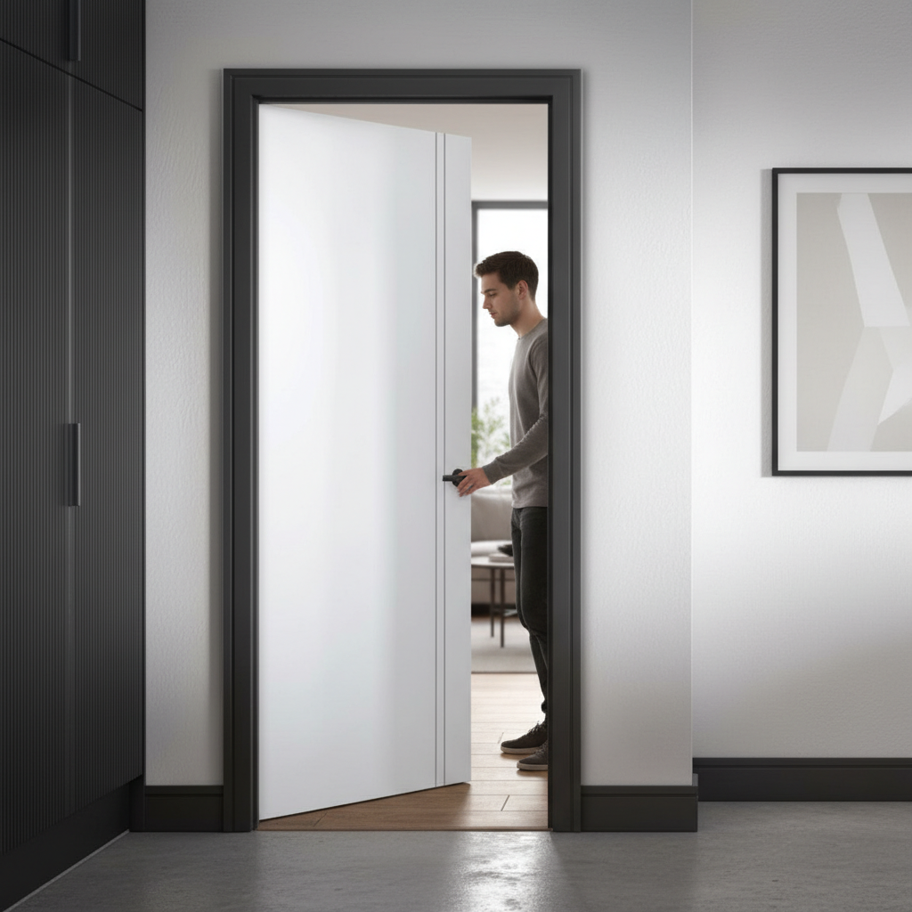 Premium Contemporary Internal Door with Satin White Lacquer Finish and Recessed Silver Inserts for Modern Aesthetics