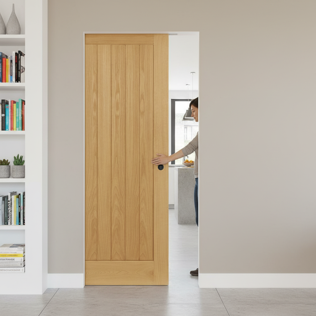 Premium Oak Flush Pocket Door Set with No Bottom Track, Adjustable Doorstop, and Wide Range of Sizes