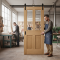 Premium Internal Unfinished Traditional Victorian Sliding Door with Clear Bevelled Glass Panels and Black Sliding Track