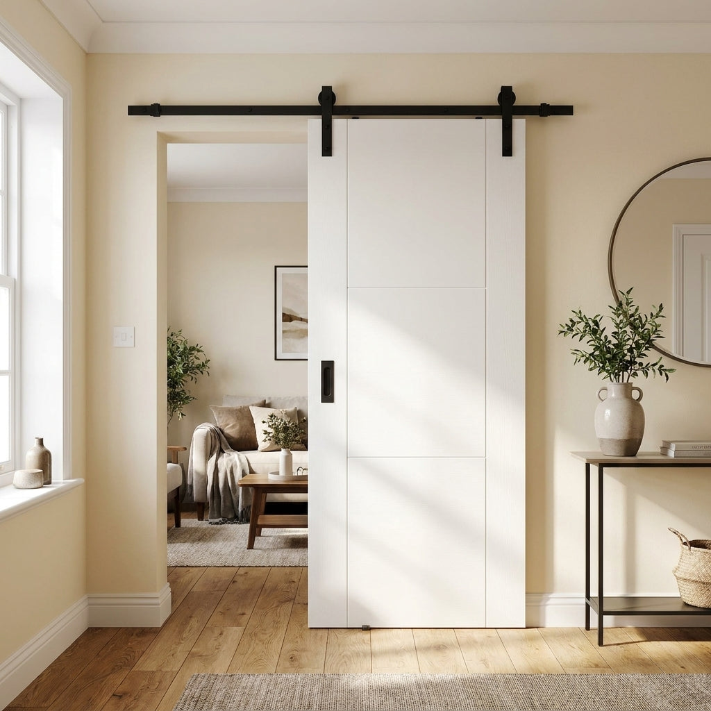 Internal White Sliding Door, 3 Panel Design, Primed Finish, Semi-Solid Core