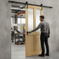 Premium Clear Pine Internal Unfinished Sliding Door Set with Obscure Glass Panels and Steel Black Track for Contemporary Interiors
