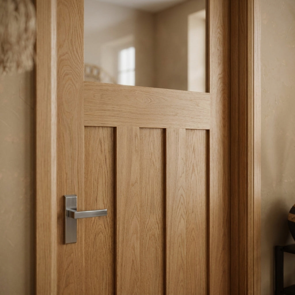 Internal Oak Door Made-to-Measure Unfinished 1930's 3 Panel 1 Light Clear Glass - detail view