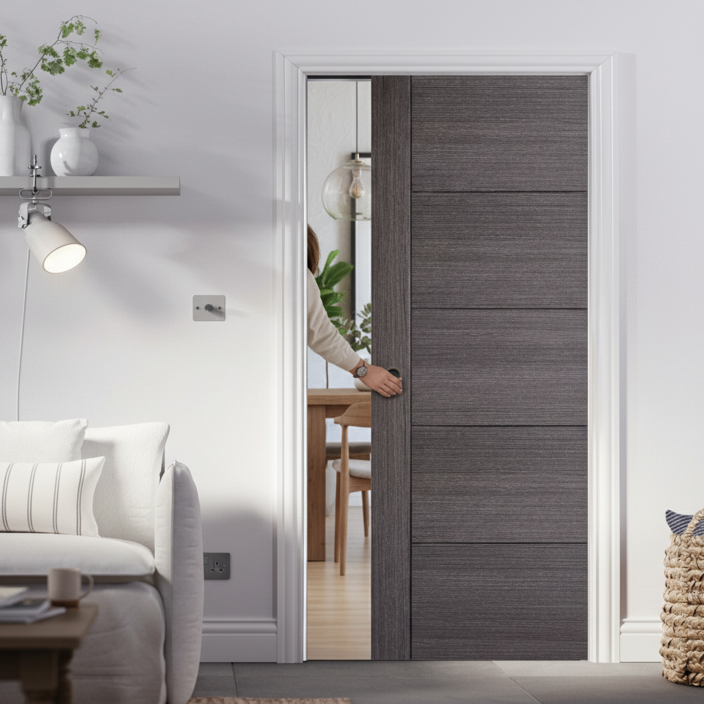Premium Ash Grey Pocket Door Set with Galvanised Steel Frame and Adjustable Jambs for Modern Interiors
