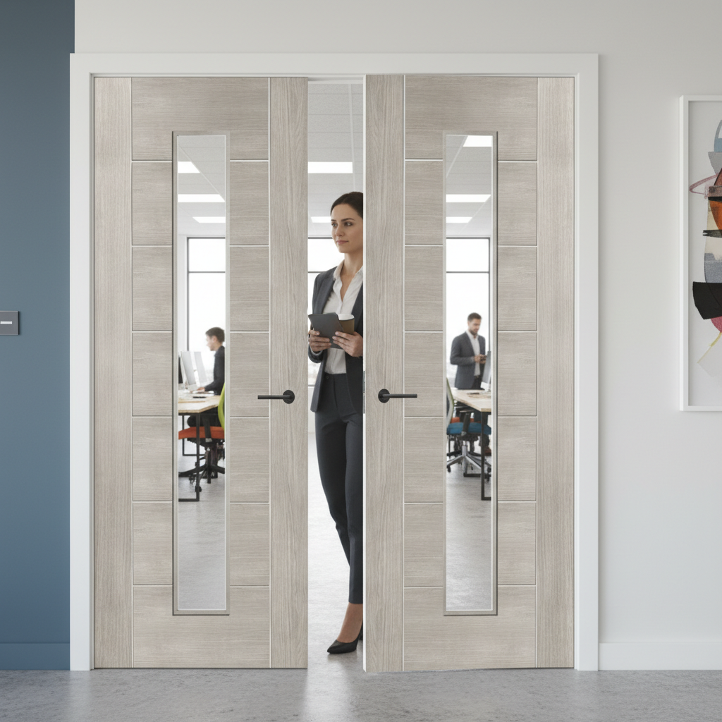 Premium White Grey Laminated Clear Glazed Door Pair with Durable Finish and Modern Design for Stylish Interiors