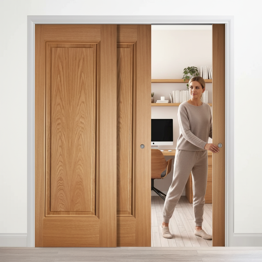 Premium Oak Telescopic Pocket Door System with Synchronization Kit and Wooden Jambs for Elegant Interior Spaces
