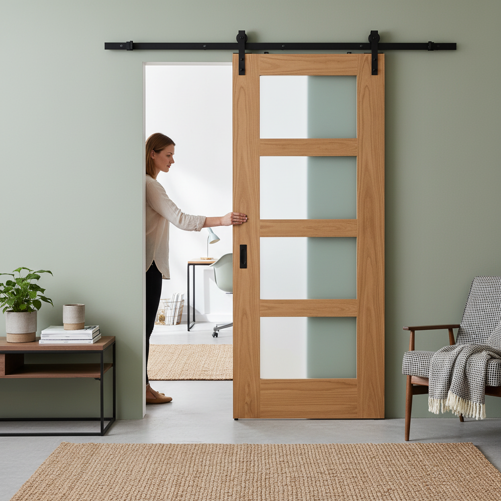 Premium Unfinished Shaker Sliding Door with 4 Light Obscure Glass Panels and Black Steel Track for Modern Interiors - Image 2