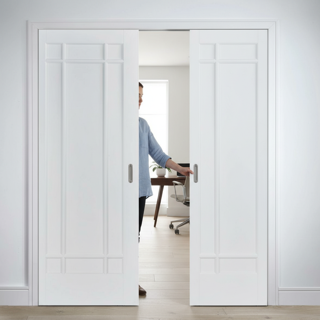 Premium 9 Panel White Telescopic Pocket Door System with Comprehensive Timber Lining Kit and Maintenance-Free Track